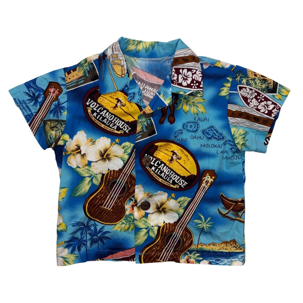 Kids Volcano House Kilauea Hawaii Souvenir Print Hawaiian Button Down Shirt Blue